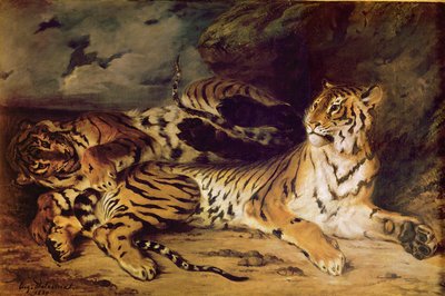 1830年に母親と遊ぶ若いトラ 作： Ferdinand Victor Eugene Delacroix